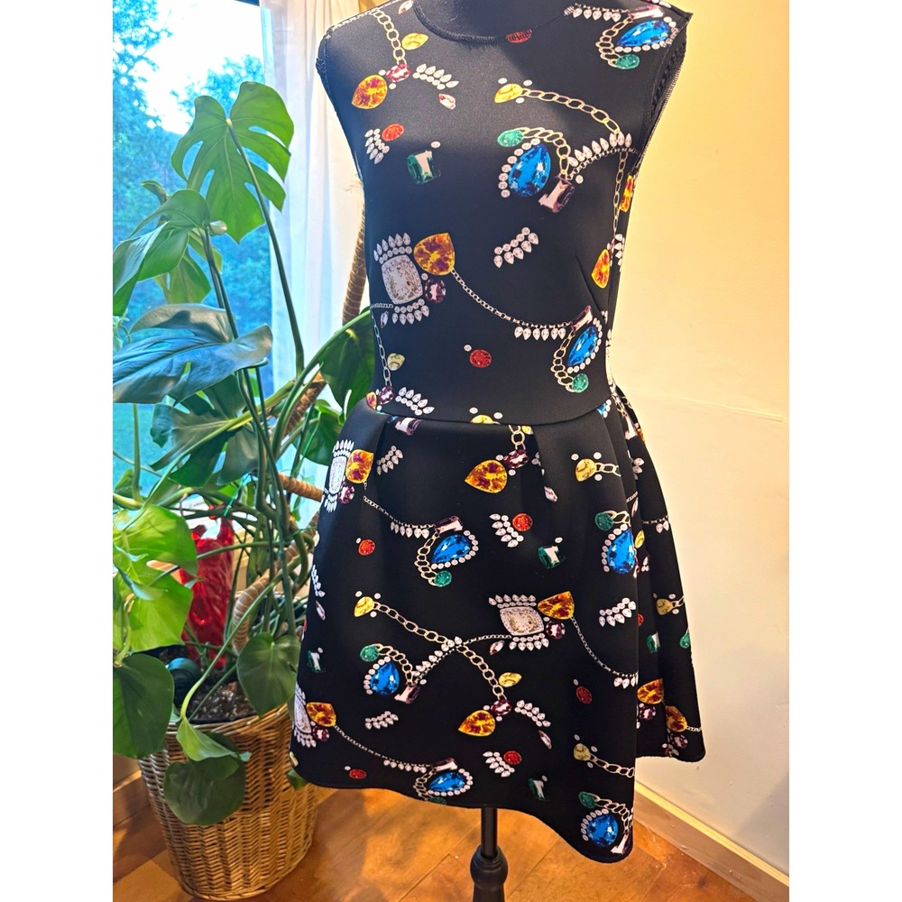H&M Black Scuba A-Line Dress Jewelry Print Crew Neck Sleeveless Zip Pockets S
